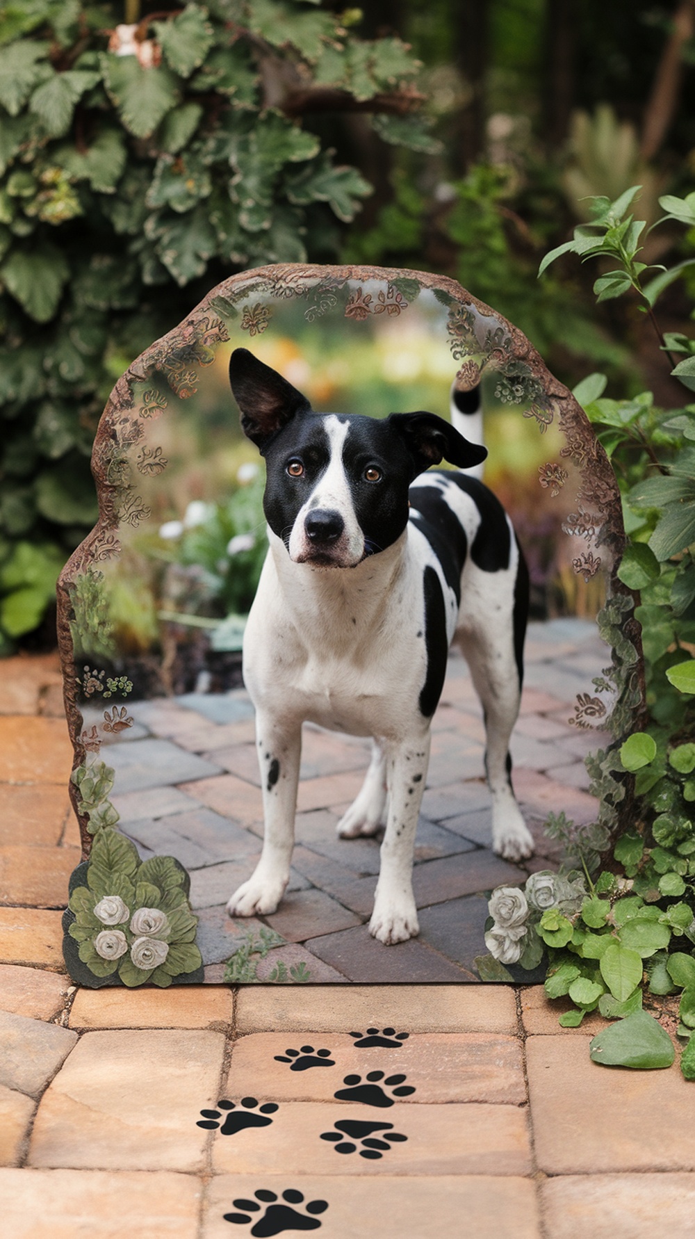 A decorative resin frame featuring a dog with floral accents and paw prints on the ground.