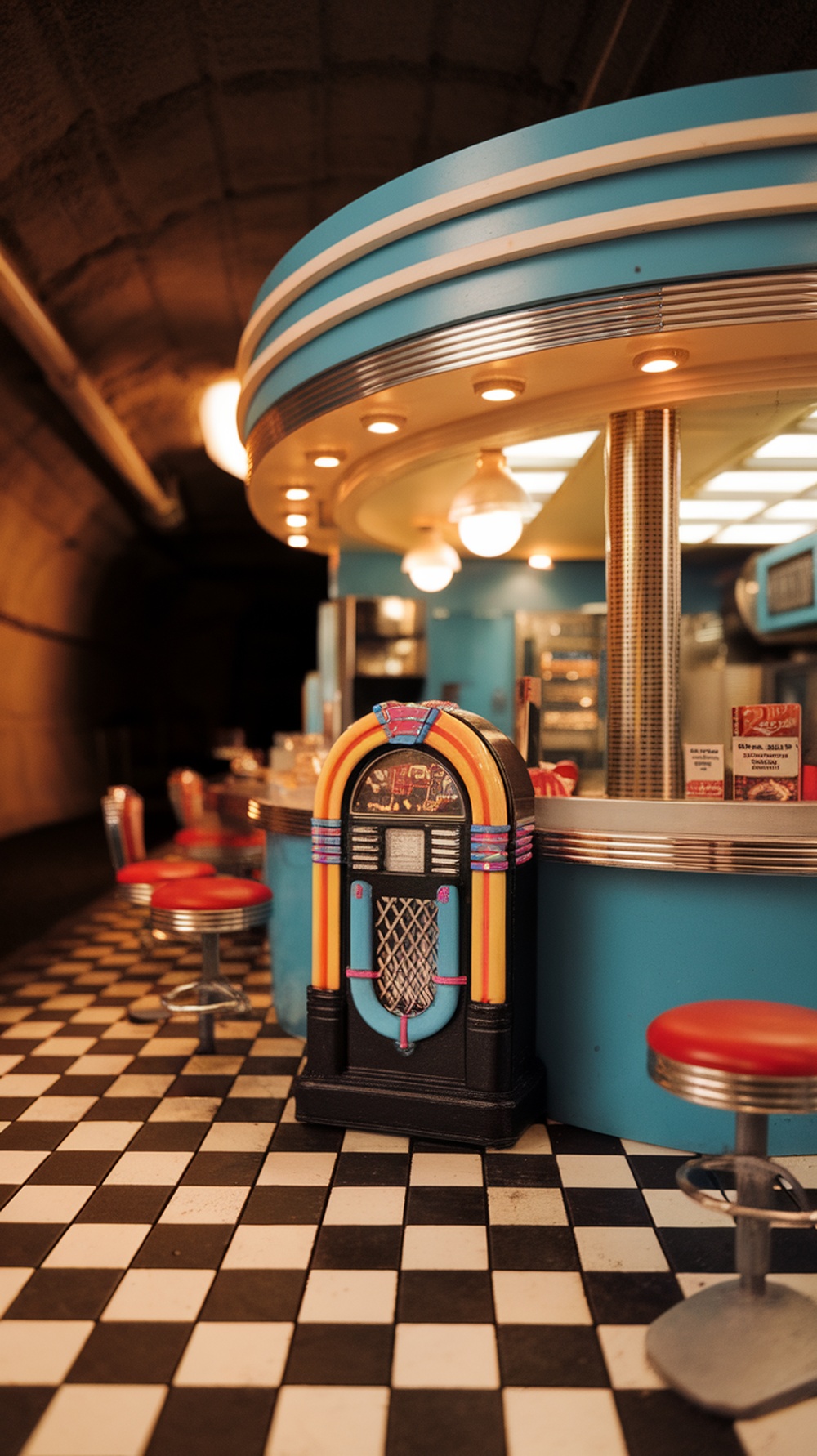Miniature 1950s diner diorama with a jukebox and red stools