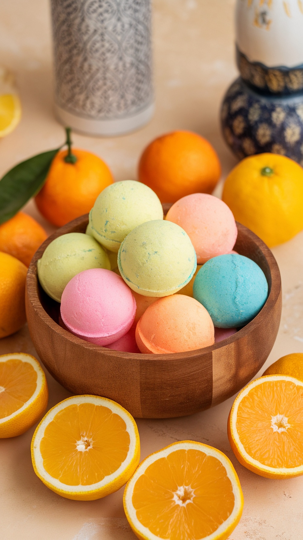 A wooden bowl filled with colorful citrus bath bombs surrounded by fresh oranges and lemon slices.