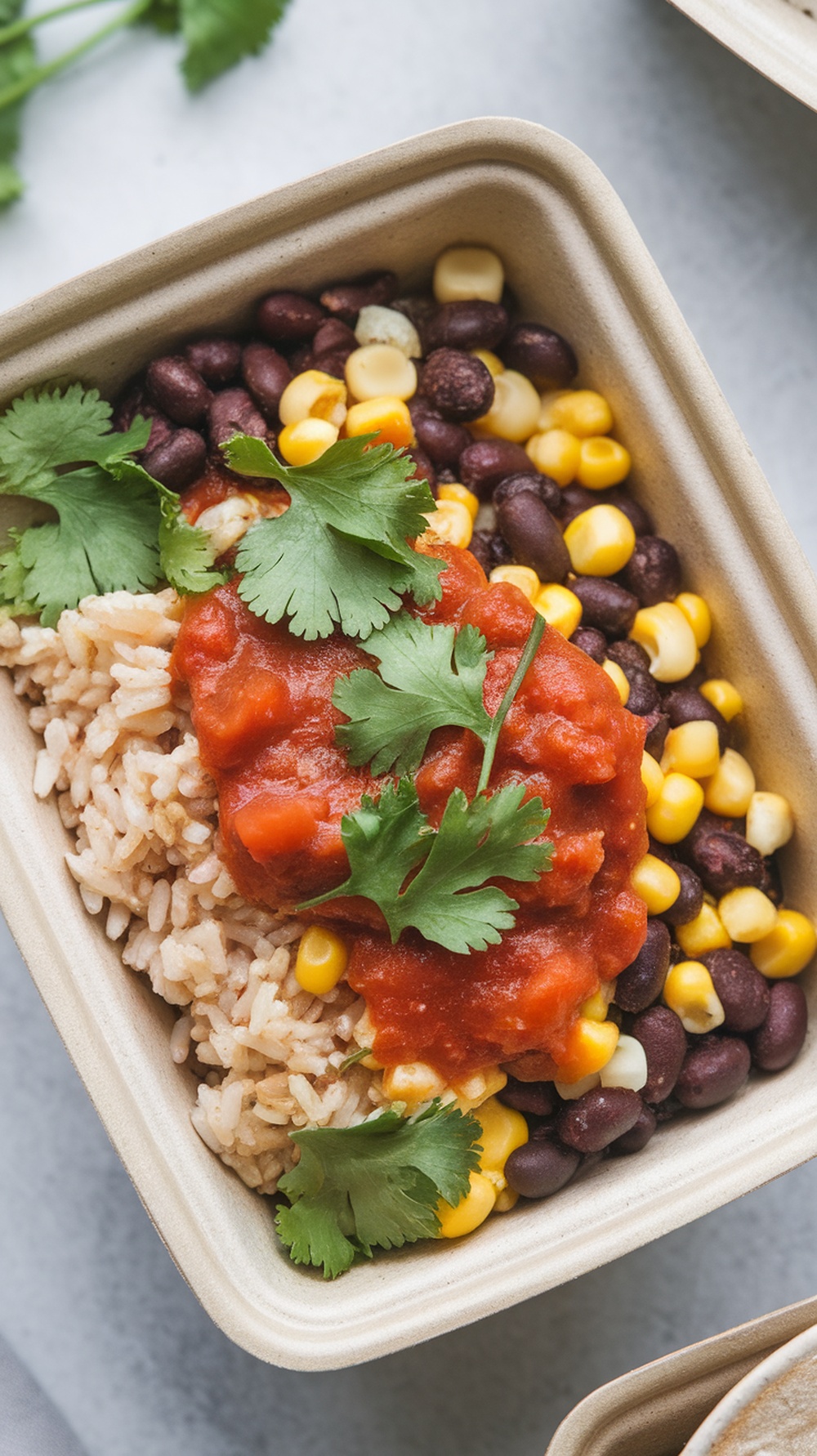 A rice and bean burrito bowl with rice, black beans, corn, salsa, and cilantro in a compostable container.