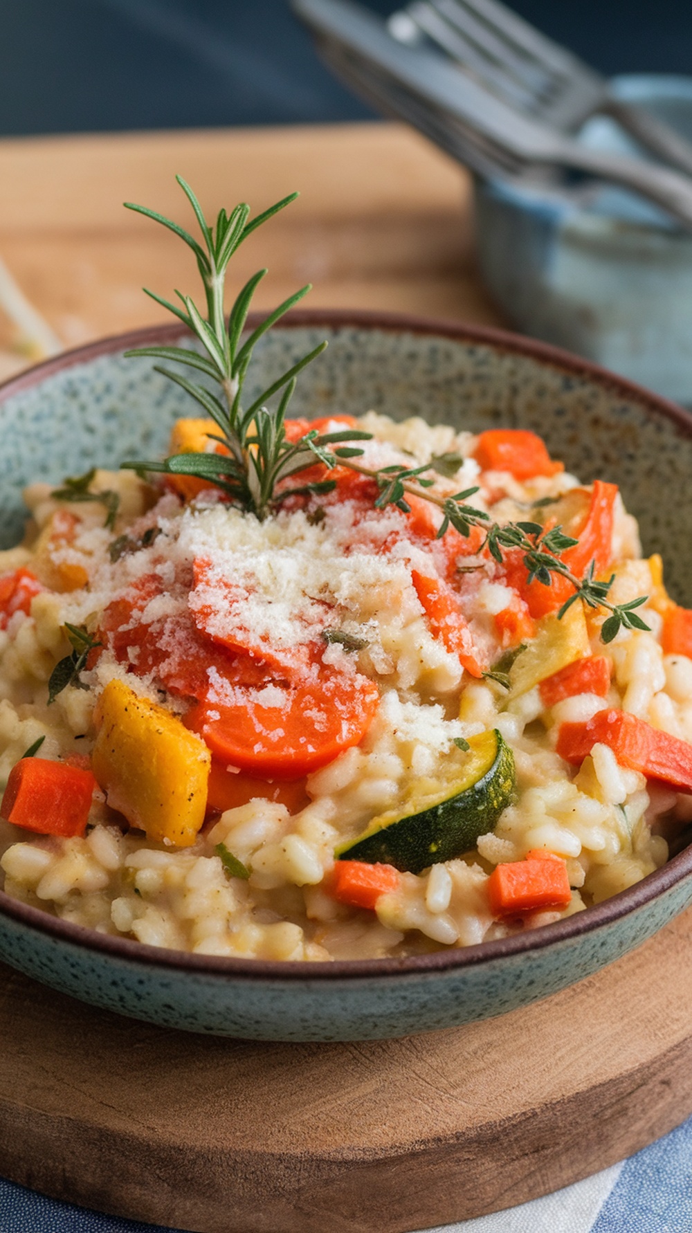 A bowl of creamy roasted vegetable risotto topped with herbs and cheese.