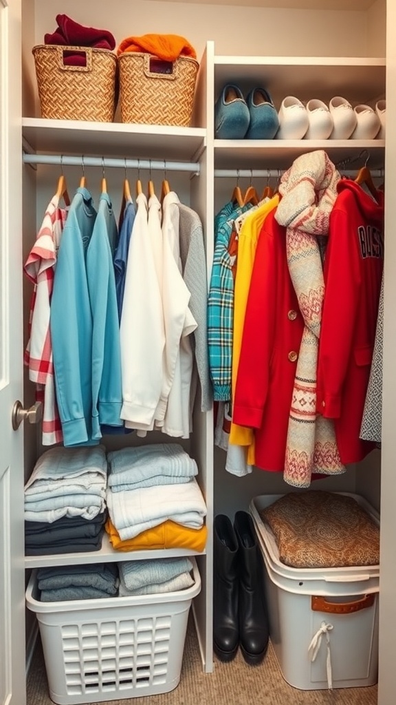 A well-organized closet featuring seasonal clothing, folded sweaters, shoes, and storage baskets.
