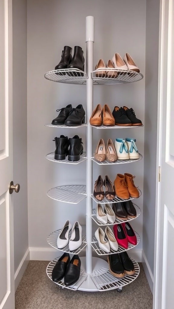 A rotating shoe rack displaying various pairs of shoes in a closet.