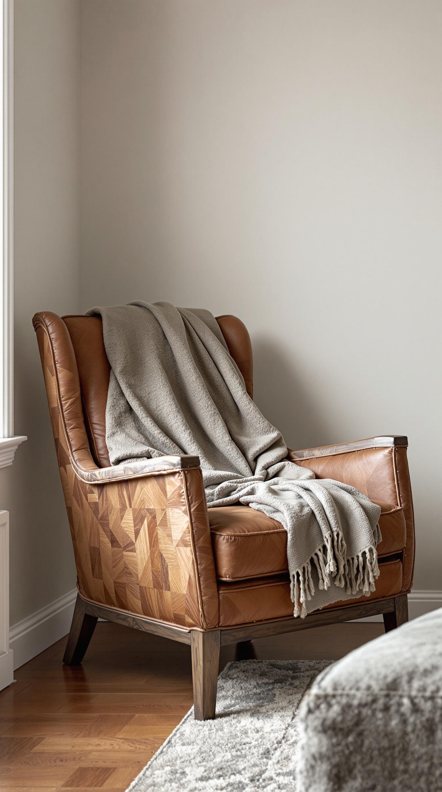 A rustic accent chair with leather upholstery and a geometric wood pattern, draped with a gray throw blanket.