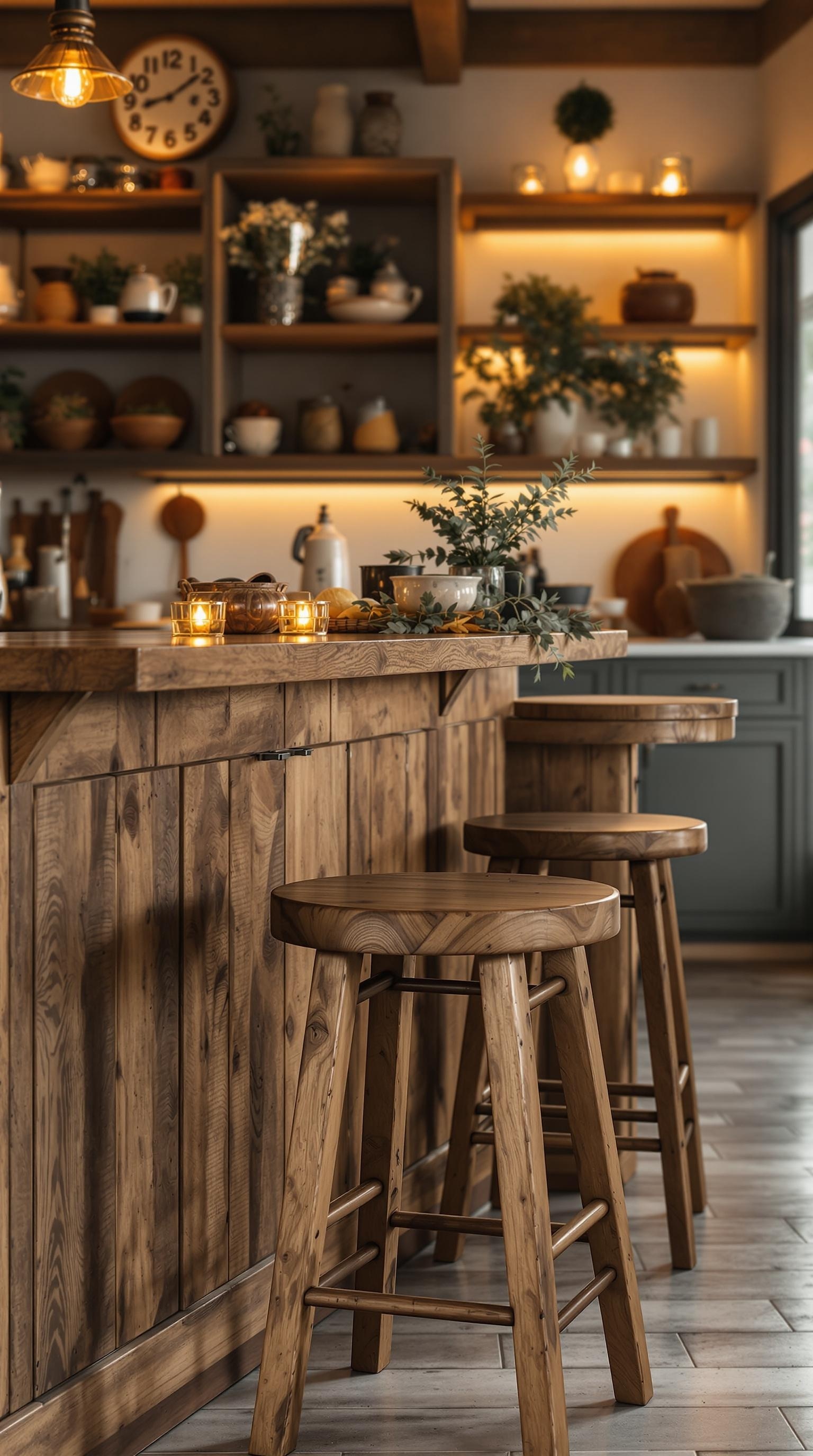 Rustic wooden bar stools in a cozy kitchen setting