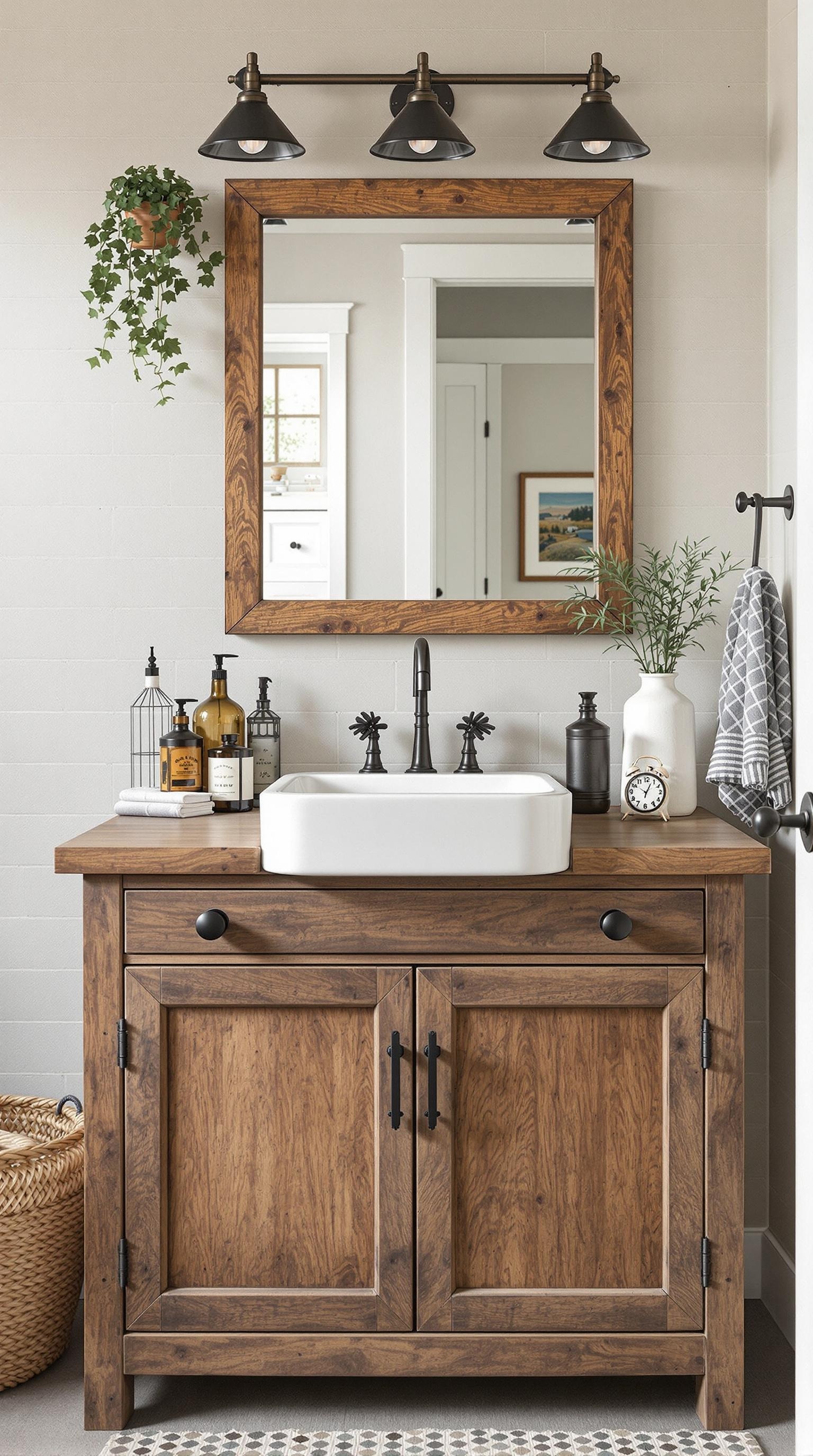 Rustic wooden bathroom vanity with a white sink, black faucet, and decorative items.