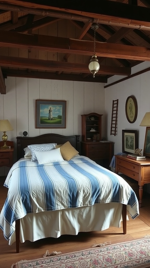 A rustic bedroom featuring blue and white striped bedding, wooden furniture, and vintage artwork.
