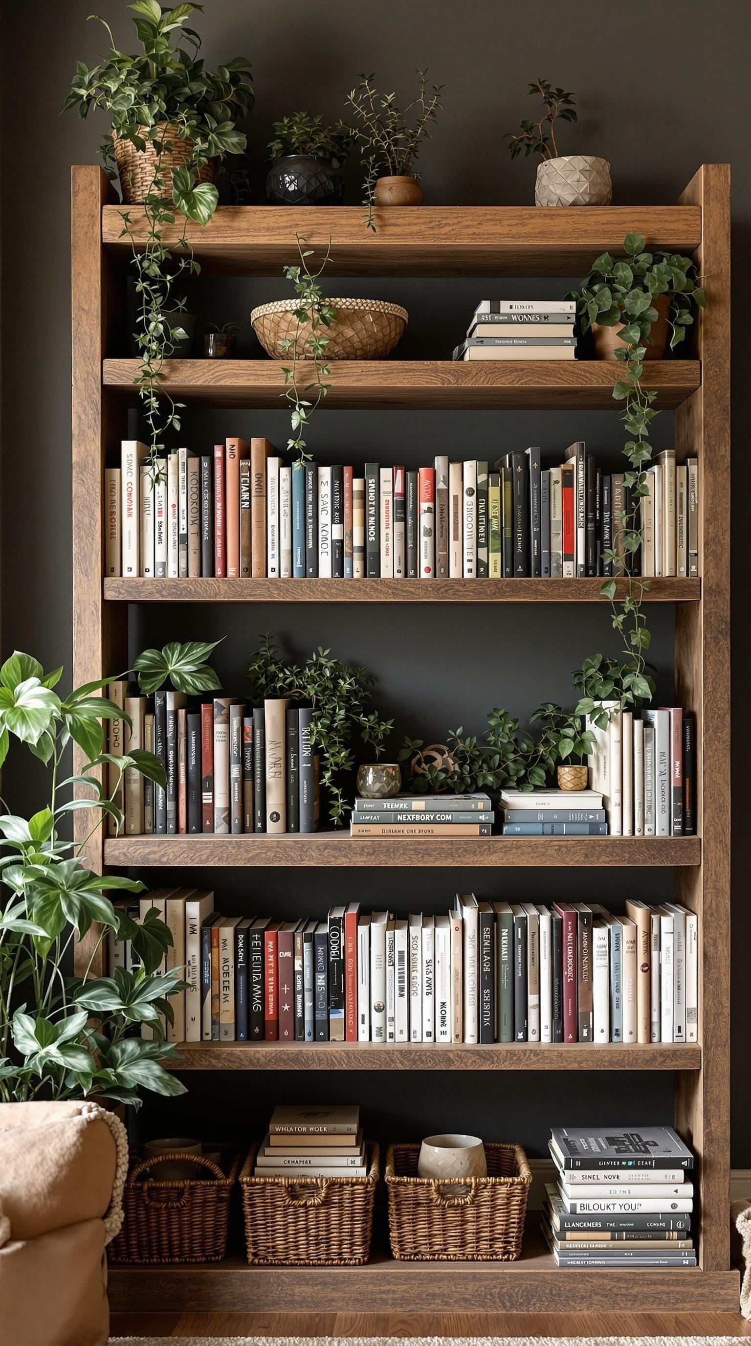 A rustic wooden bookshelf filled with books and plants, featuring woven baskets at the bottom.