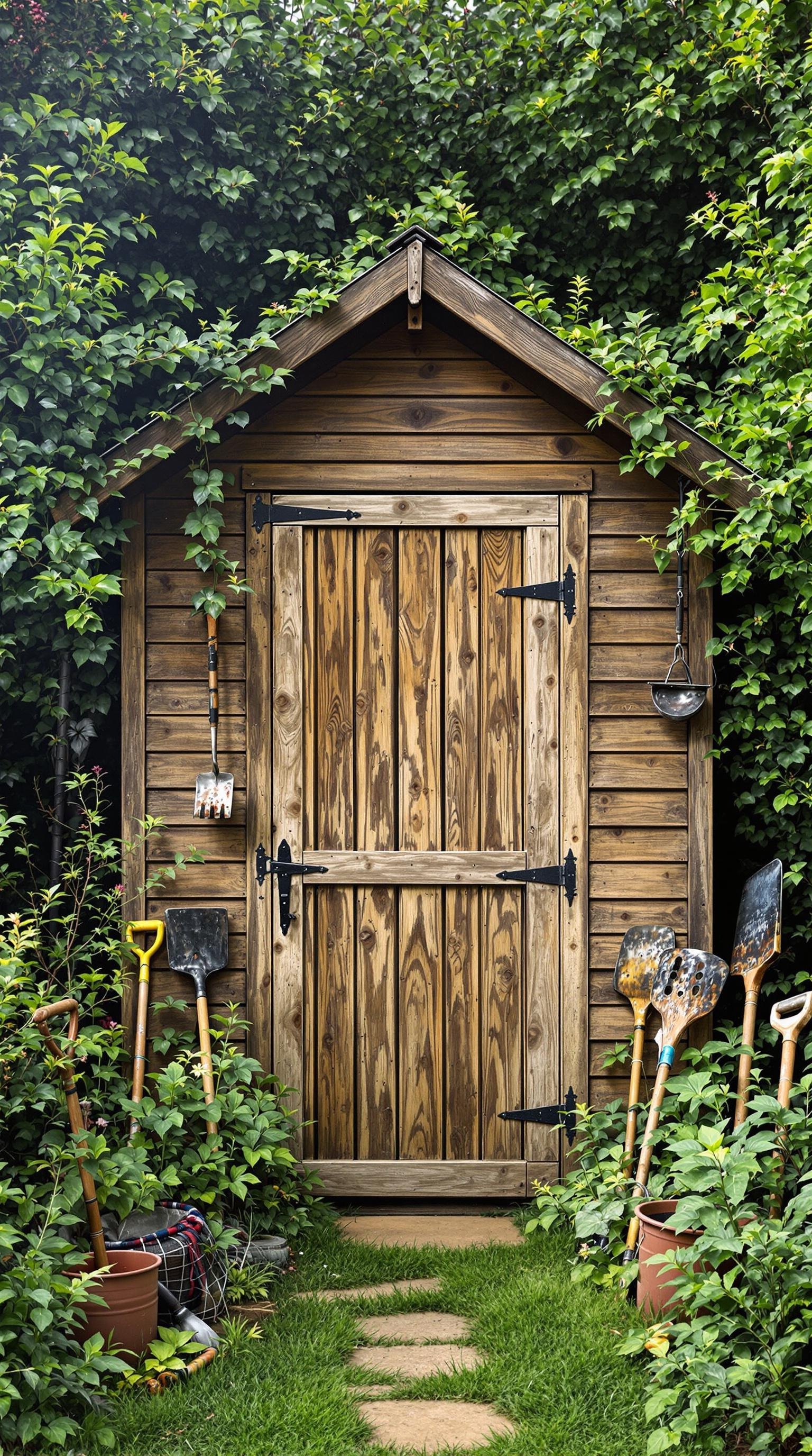 A rustic wooden garden shed surrounded by greenery, featuring a sturdy door and hanging tools.