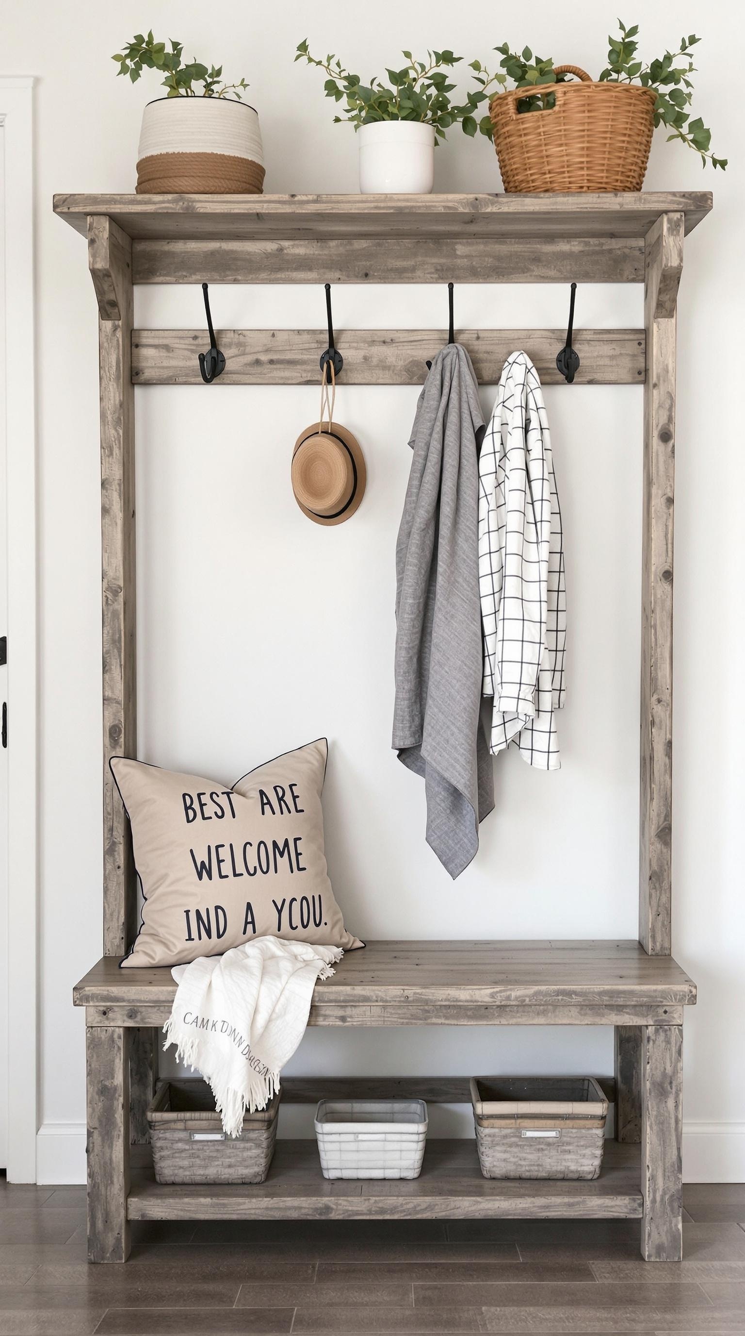 A rustic hall tree with a bench, hooks for coats, potted plants, and decorative pillows.
