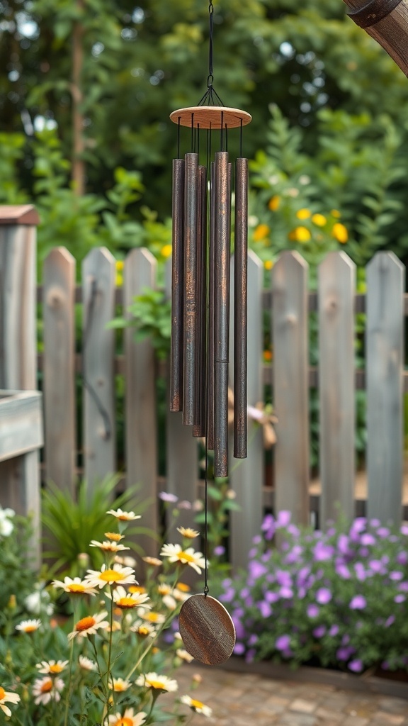 Rustic metal wind chimes hanging in a garden with colorful flowers