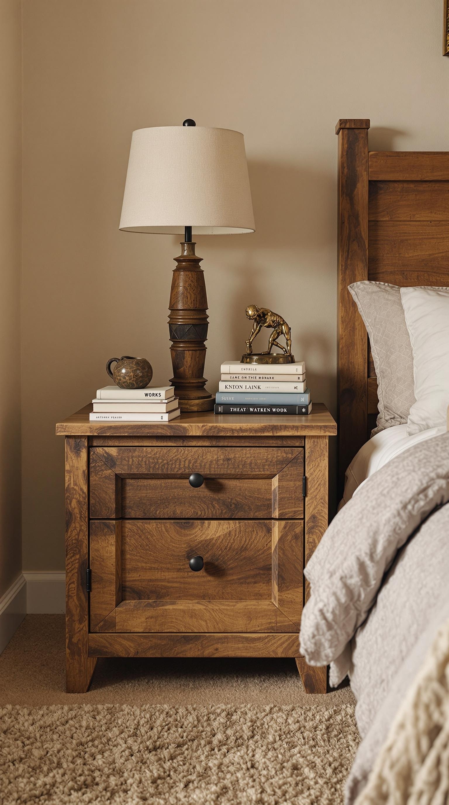 Rustic wooden nightstand with lamp, books, and decorative items