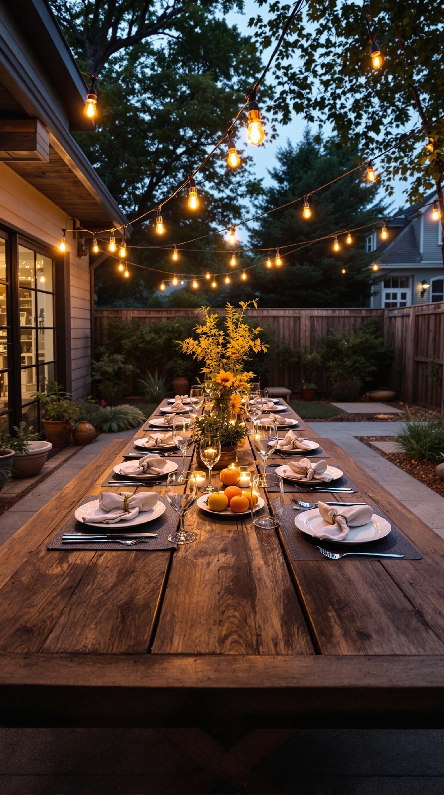 Rustic outdoor dining table set with plates, glasses, and a floral centerpiece, illuminated by string lights.