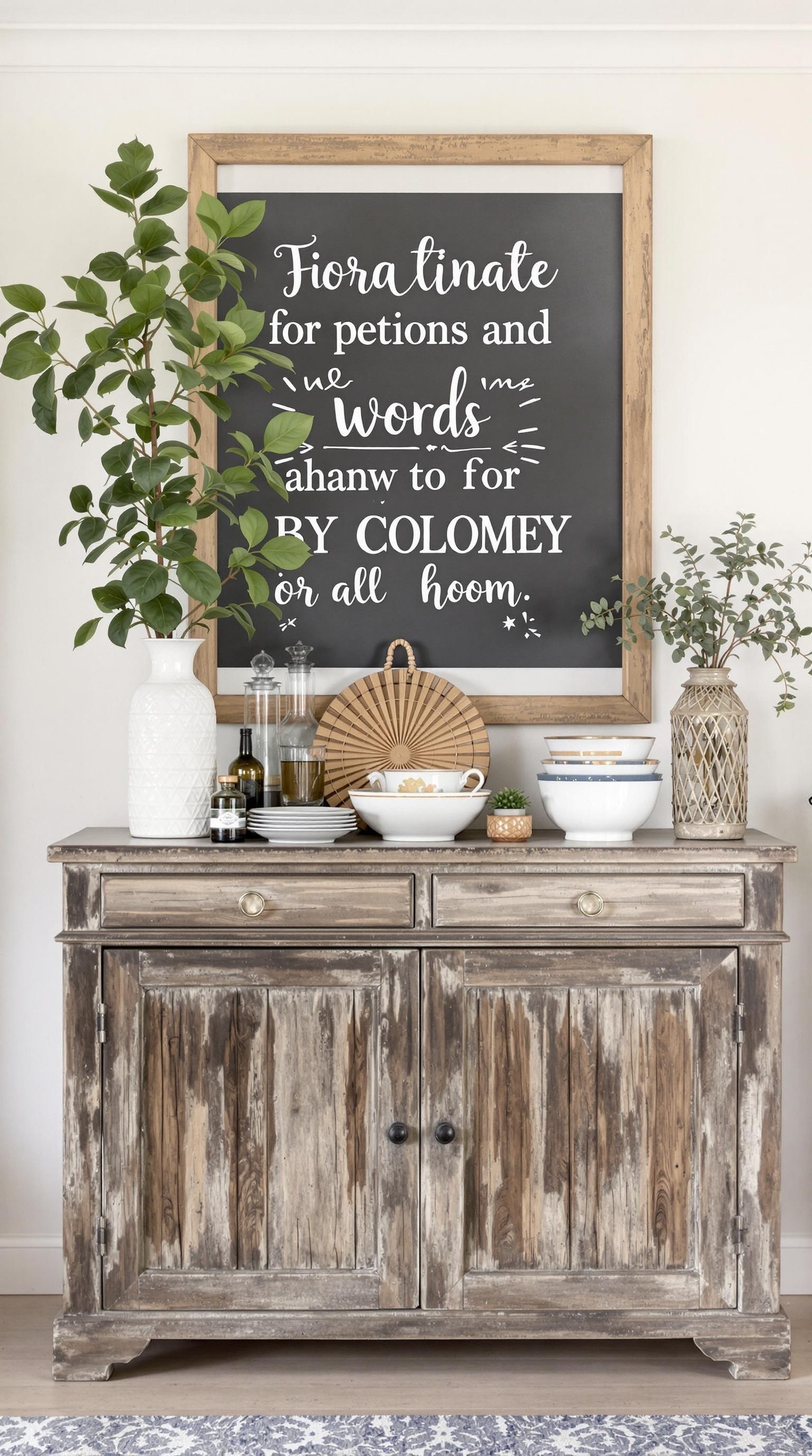 A rustic wooden sideboard with decorative items and a chalkboard in the background.