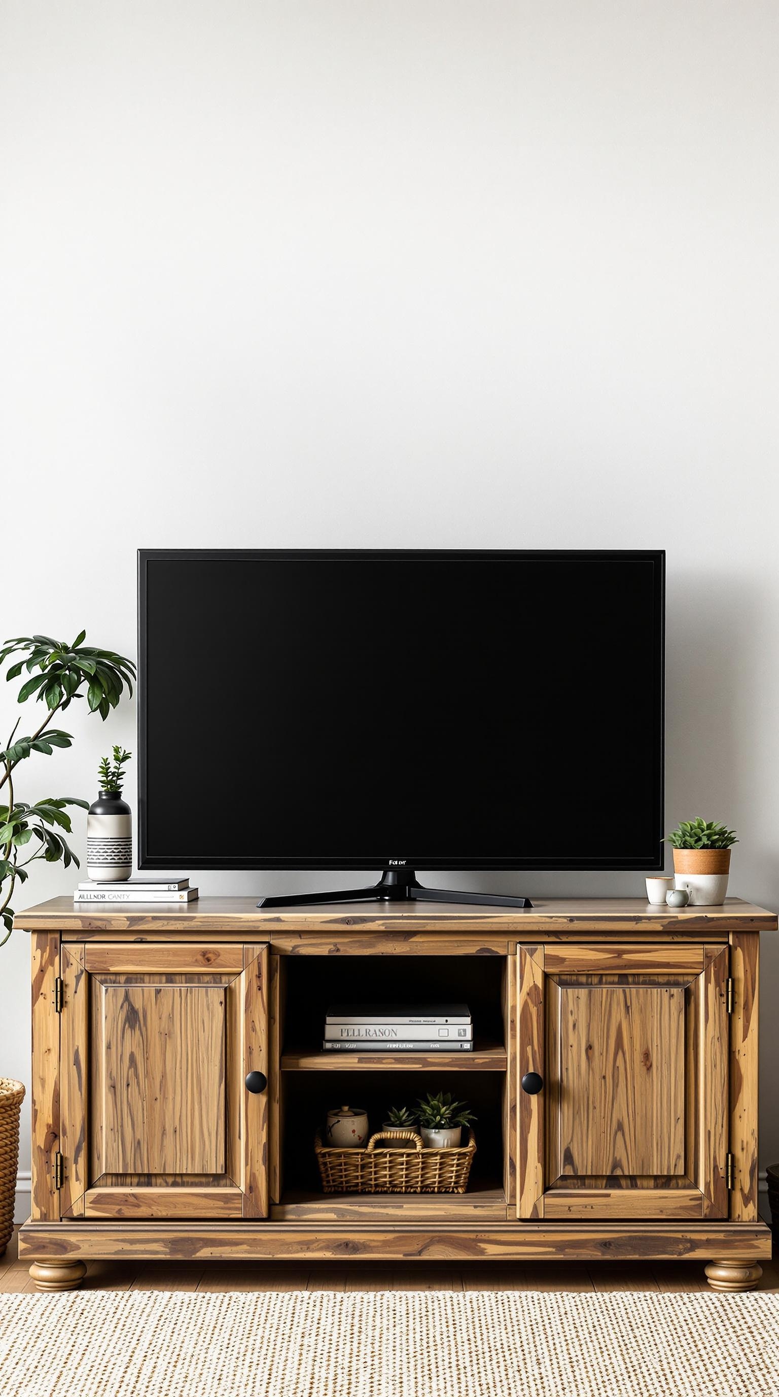 A rustic wooden TV stand with a black television on top, surrounded by plants and decorative items.
