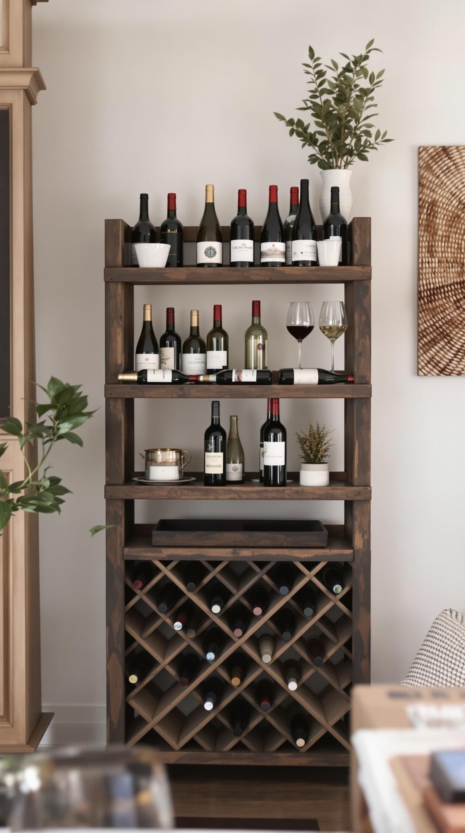 A rustic wooden wine rack displaying various wine bottles and glasses, with a small plant on top.