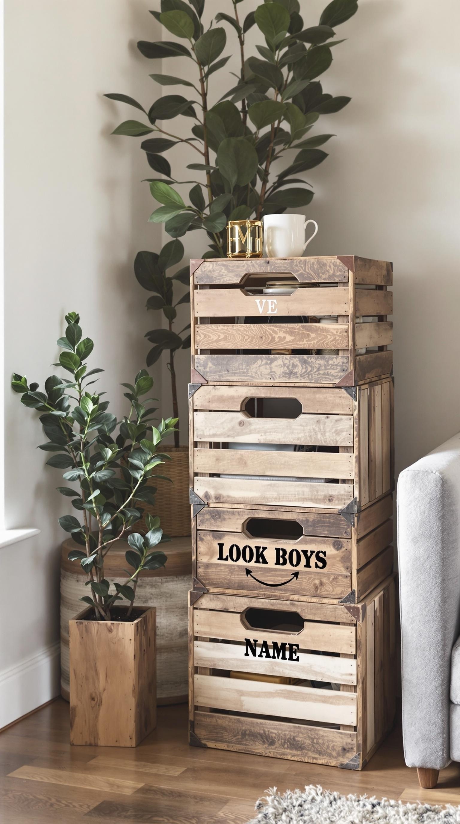 A stack of rustic wooden crates used for storage, labeled with playful text, beside a plant and a cozy sofa.