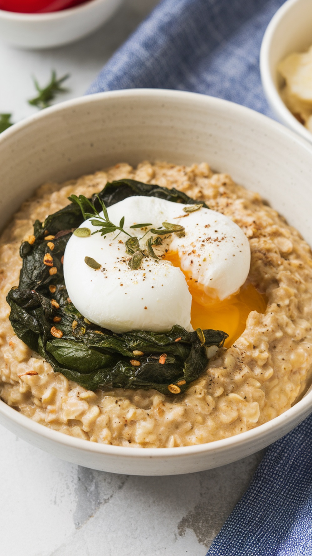 A bowl of savory oatmeal topped with spinach and a poached egg, garnished with herbs.