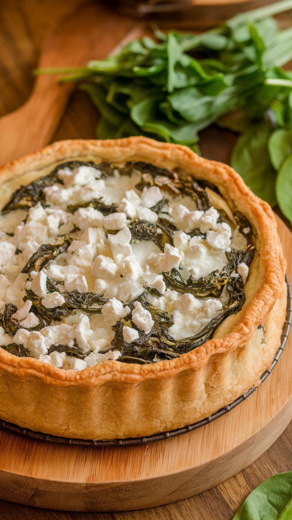 A savory spinach and feta pie on a wooden board, garnished with fresh spinach leaves.