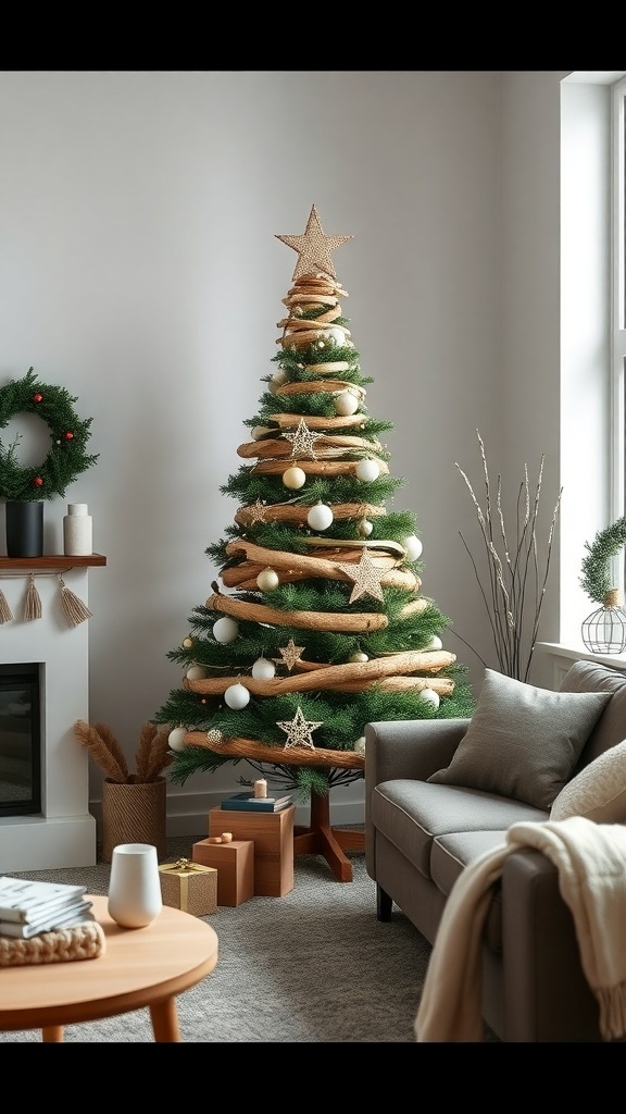 A minimalist Scandinavian-inspired Christmas tree with wooden accents and simple decorations.