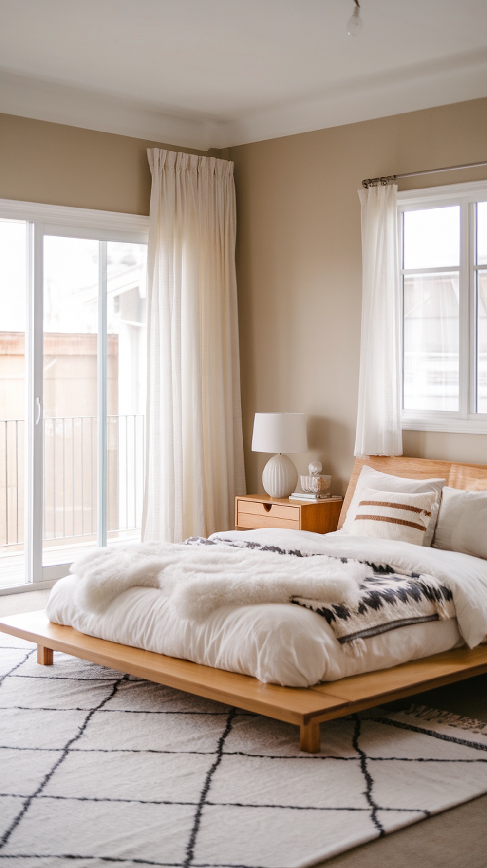 A minimalistic bedroom featuring a wooden bed, soft bedding, and large windows with sheer curtains.