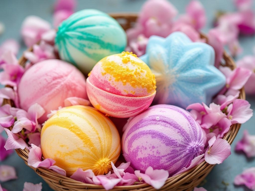 A basket filled with colorful scented bath bombs surrounded by pink flower petals.