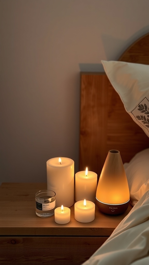 A cozy bedroom nightstand with scented candles, a diffuser, and a small plant.