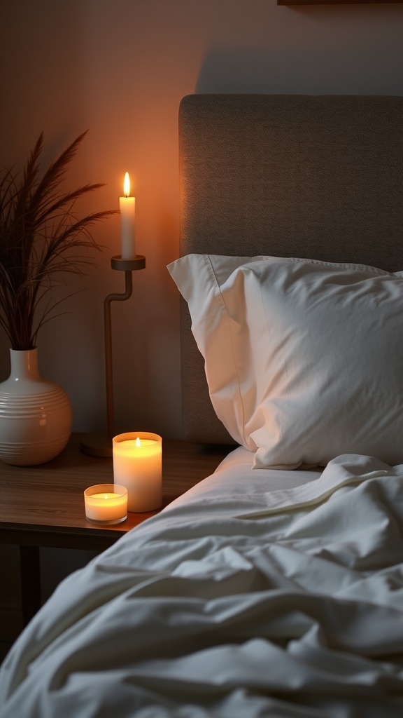 A cozy bedroom scene with scented candles on a bedside table and rumpled white sheets.