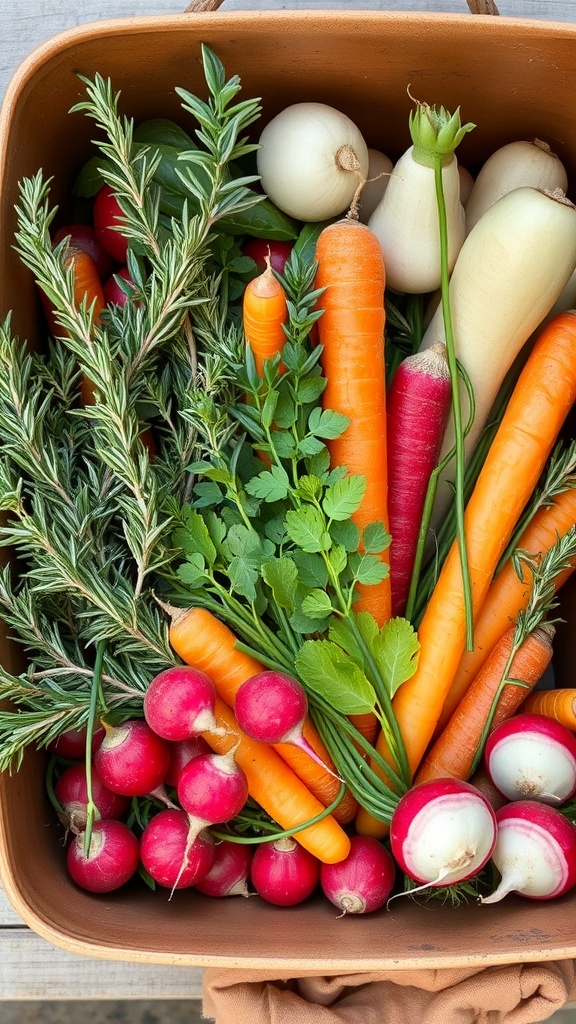 A container filled with colorful carrots, radishes, and fresh herbs like rosemary and parsley.