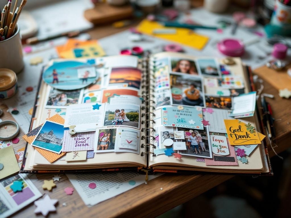A colorful scrapbook open on a table, filled with photos, stickers, and decorative elements.