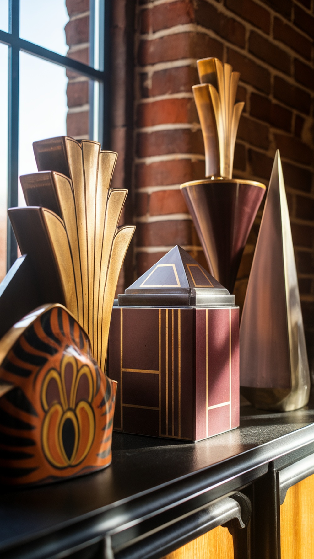 A collection of Art Deco revival sculptural decorative objects on a shelf against a brick wall.