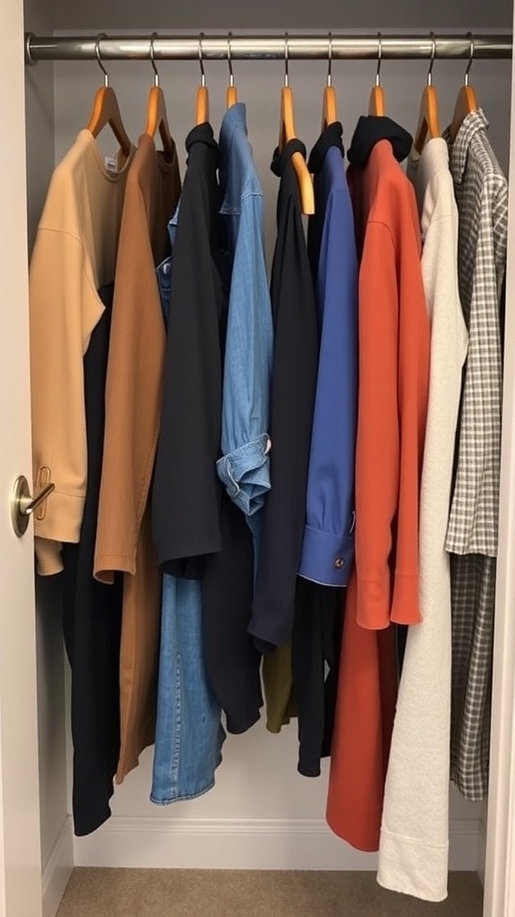 A neatly organized closet featuring colorful coats, shoes, and a mannequin wearing a red coat and hat.