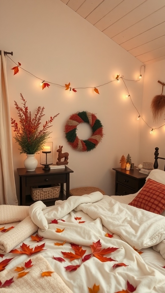 Cozy bedroom with autumn decor, featuring string lights, a wreath, and leaves on the bed.