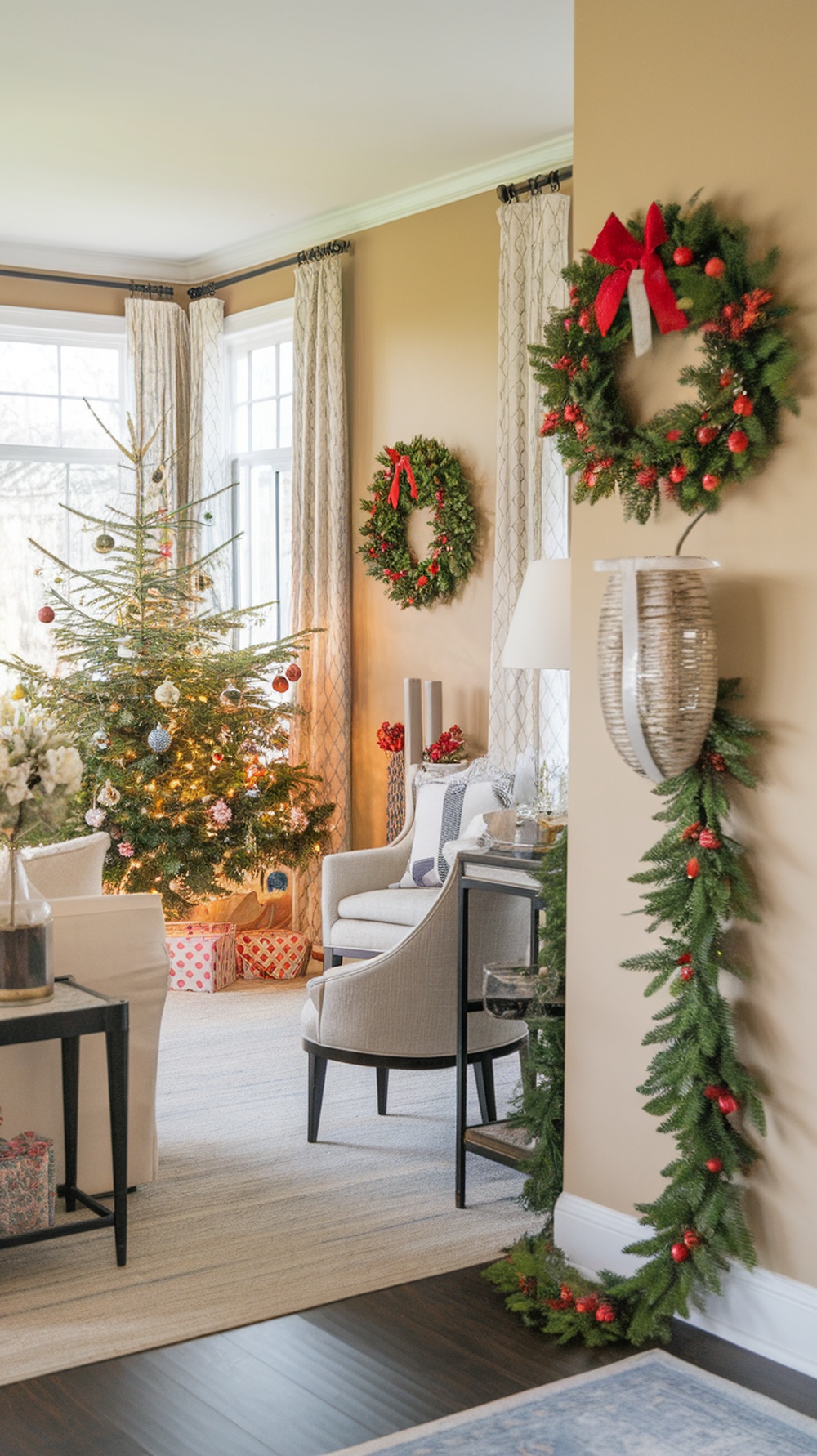 A cozy living room decorated for Christmas with a tree, wreaths, and gifts.