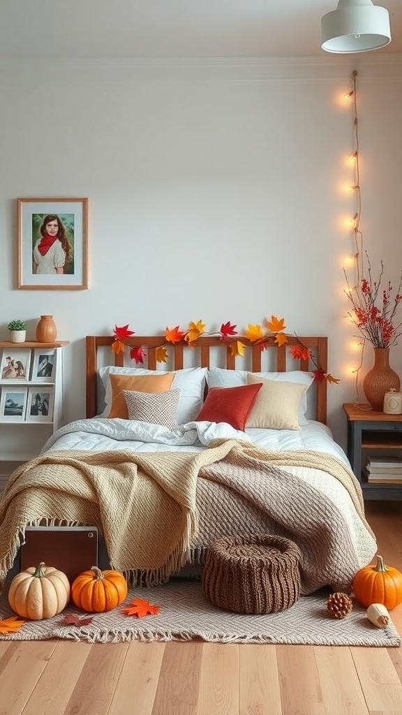 A cozy bedroom decorated for fall with pumpkins, autumn leaves, and warm lighting.