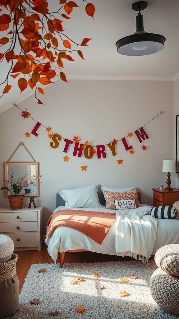 Cozy bedroom decorated for autumn with leaves, warm colors, and a playful banner.