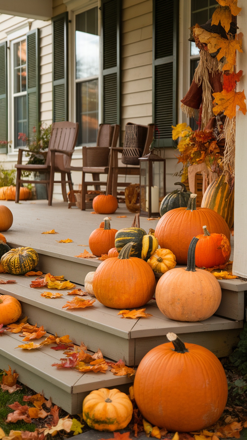 A cozy porch decorated with pumpkins and autumn leaves, showcasing seasonal decor for fall.
