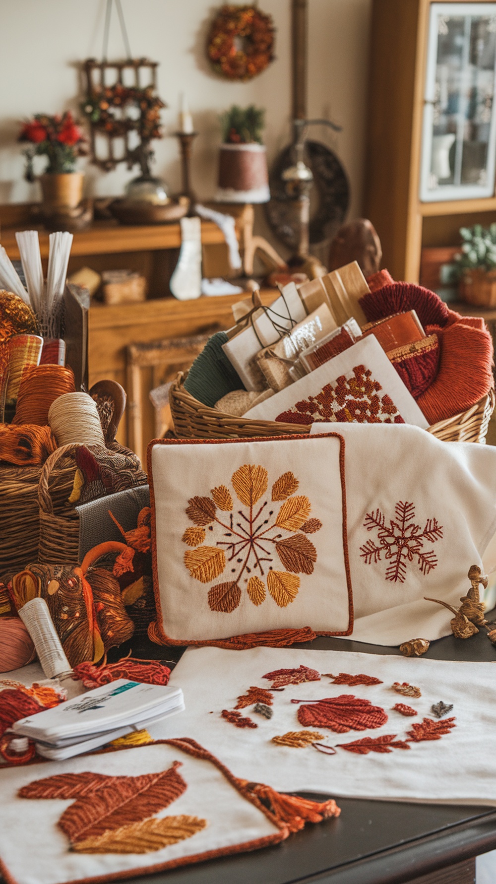 A cozy workspace filled with autumn-themed embroidery supplies, including colorful threads and embroidered pieces of leaves and snowflakes.