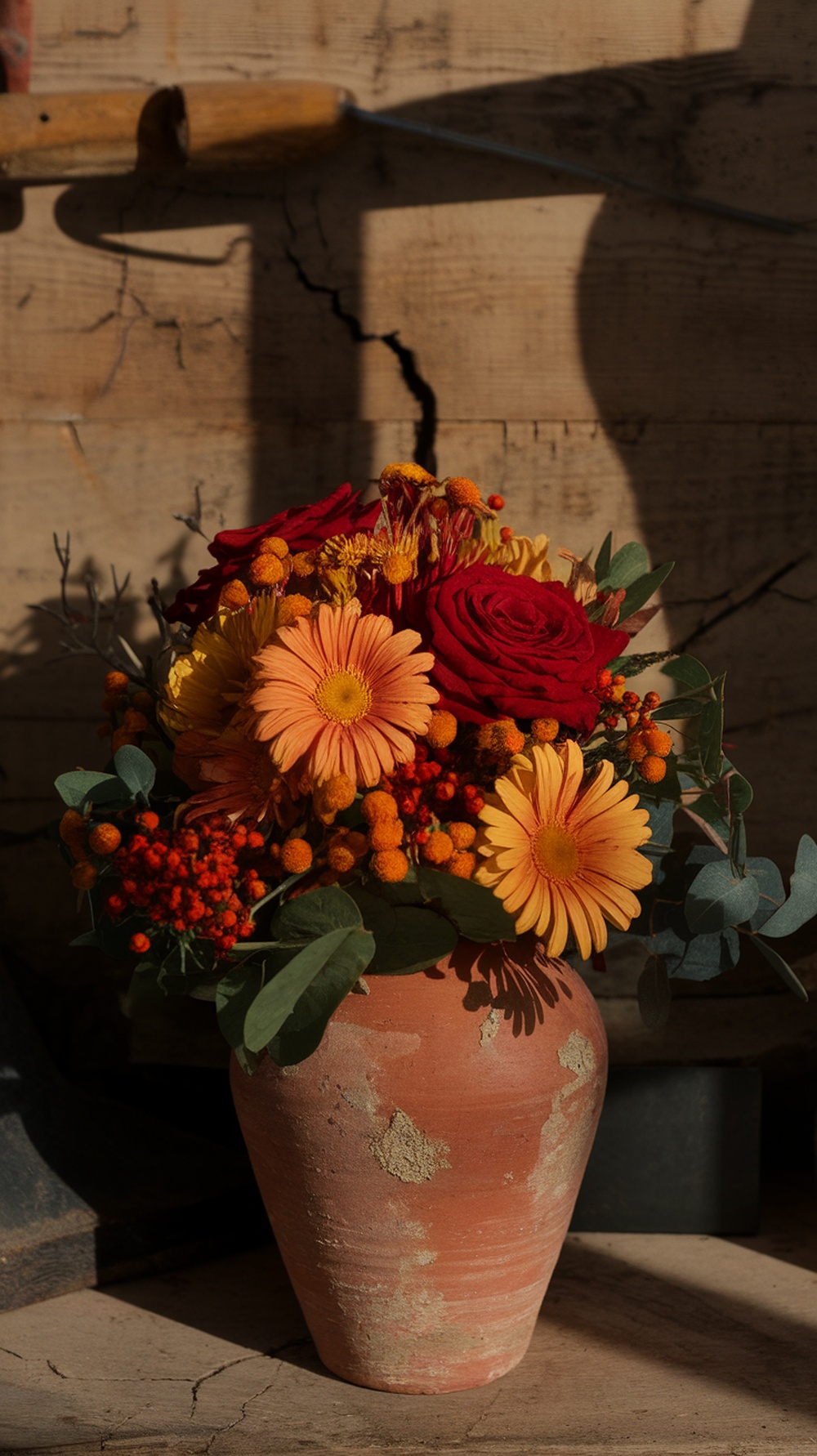 A colorful autumn floral arrangement in a terracotta pot, featuring red roses, orange gerbera daisies, and green eucalyptus leaves.