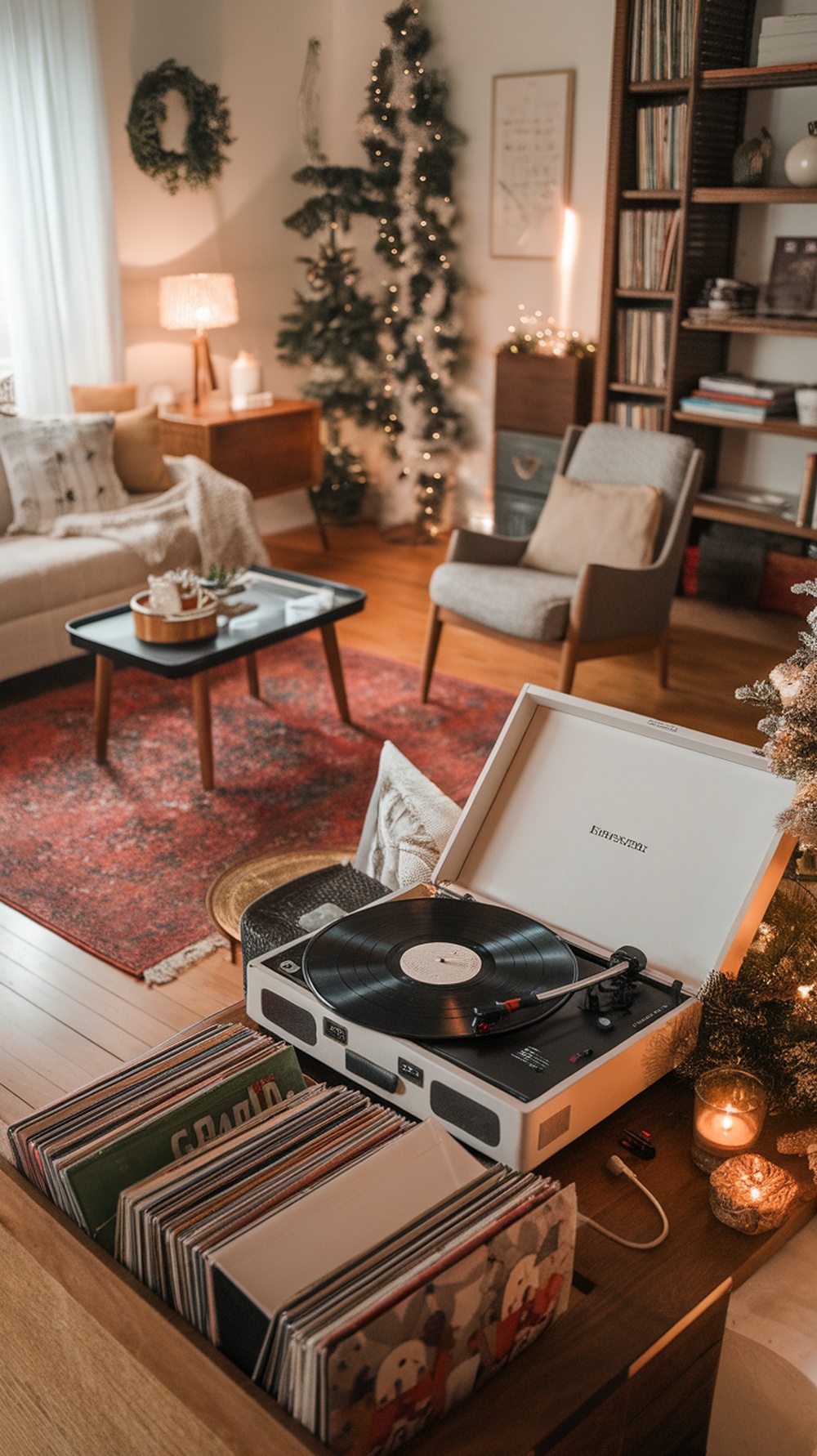 A cozy living room with a record player and holiday decorations, perfect for a festive gathering.
