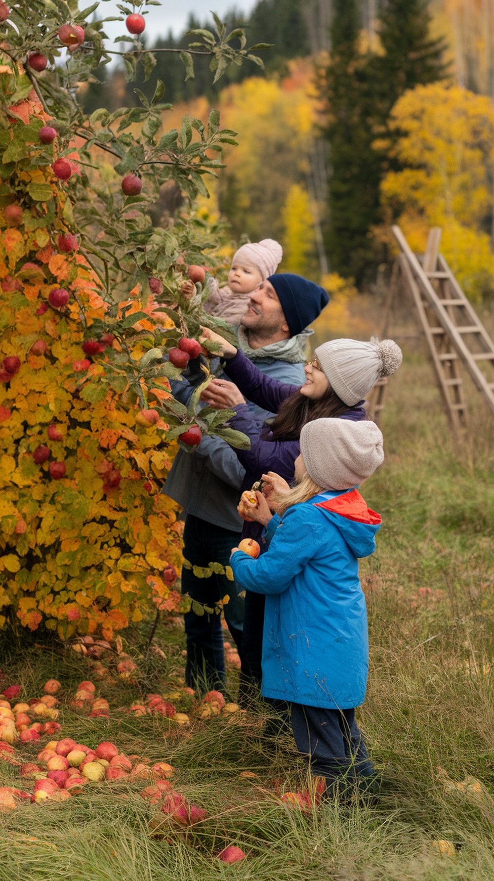 A family enjoying apple picking in a colorful autumn landscape.