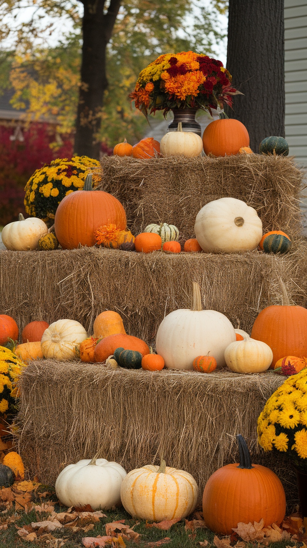 A cozy autumn outdoor decor featuring hay bales, pumpkins of various colors, and vibrant flowers.