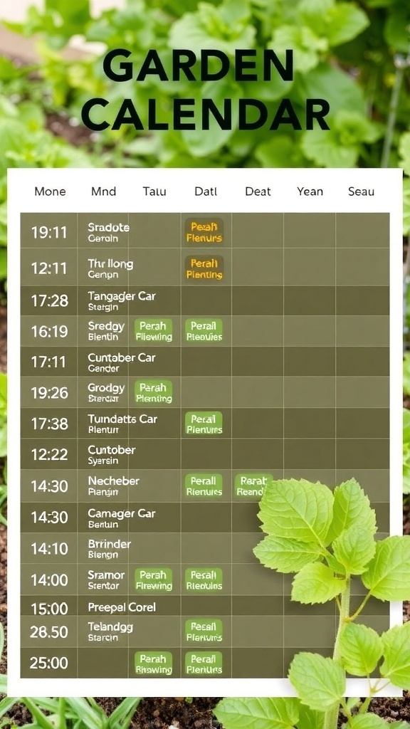 A garden with rows of young plants, including leafy greens and root vegetables, arranged for seasonal planting.