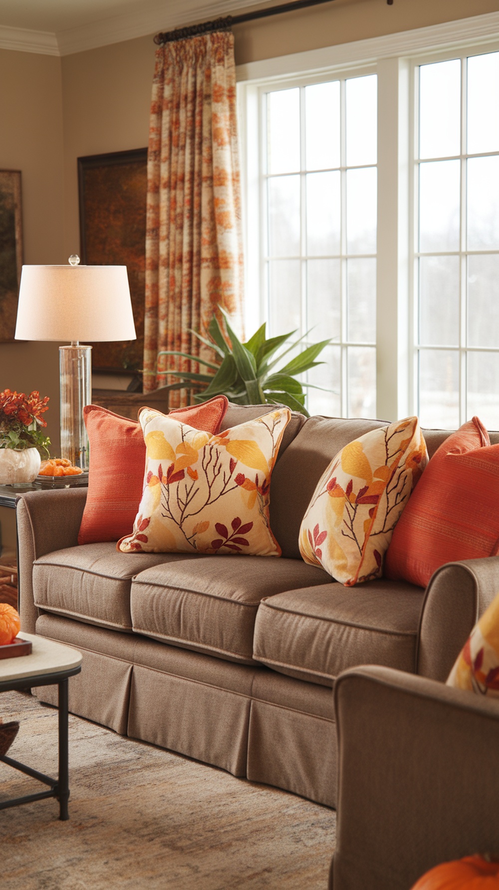 Cozy living room with a sofa featuring seasonal throw pillows in warm colors and nature-inspired designs.