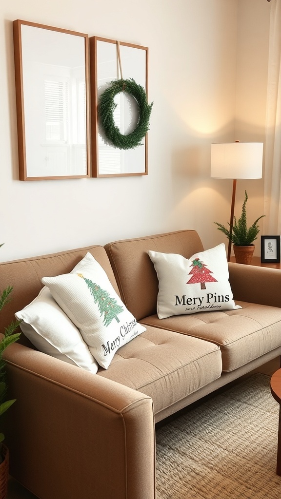 A cozy living room with a sofa featuring seasonal throw pillows that have Christmas designs.