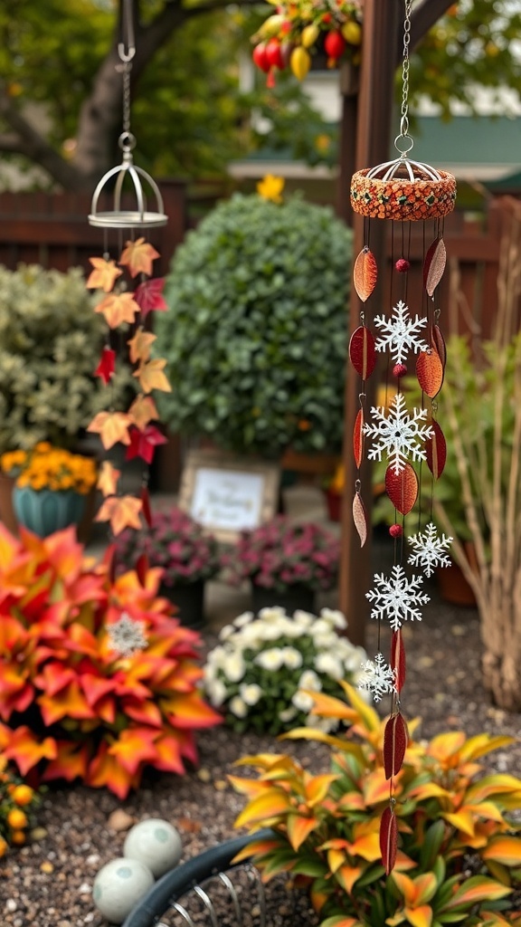 A garden featuring seasonal wind chimes, with autumn leaves and winter snowflakes, surrounded by colorful flowers.