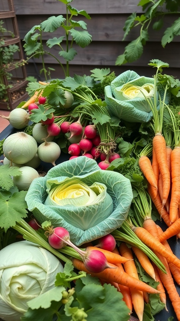 A variety of fresh vegetables including carrots, radishes, and cabbage, arranged for fermentation.
