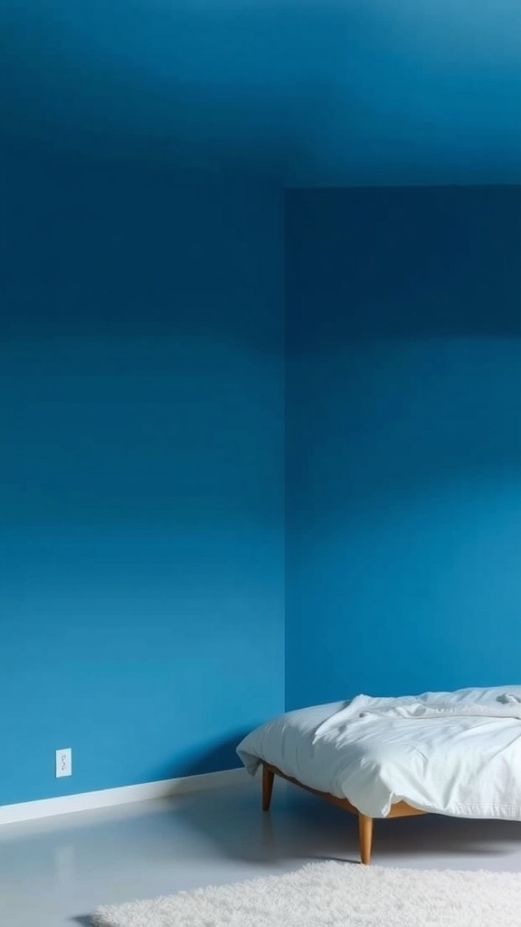 A bedroom with serene blue ombre walls and a simple bed