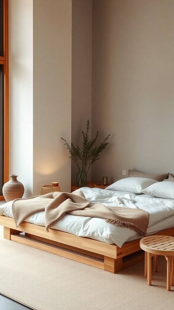 A serene bedroom featuring a low-profile wooden bed with soft linens and natural decor.