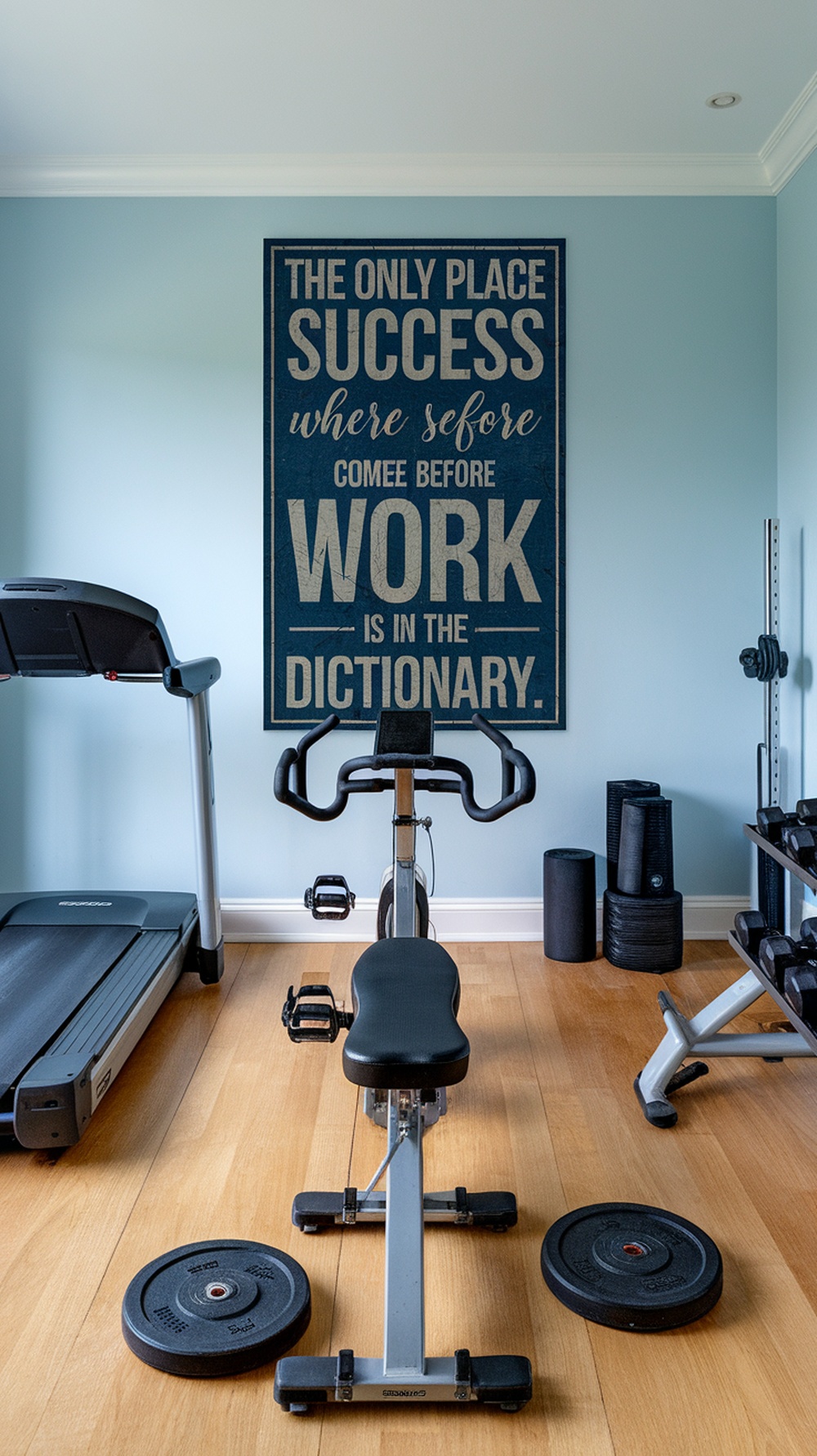 A well-organized home gym featuring a treadmill, workout bench, and motivational wall art.
